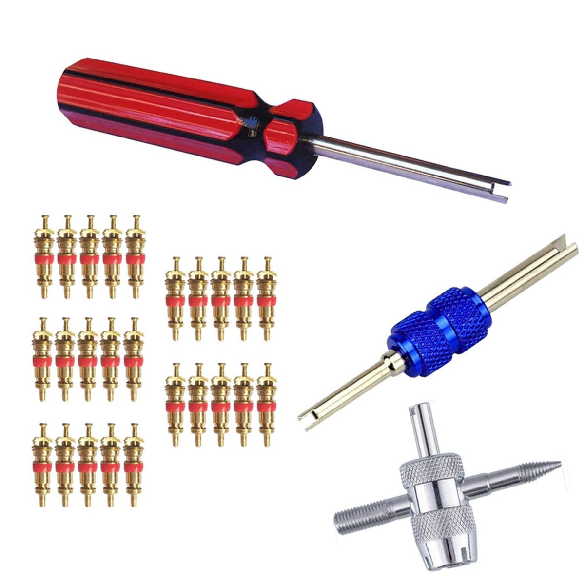 Tire valve core tool kit with red handle, blue adapter, and brass Schrader cores
