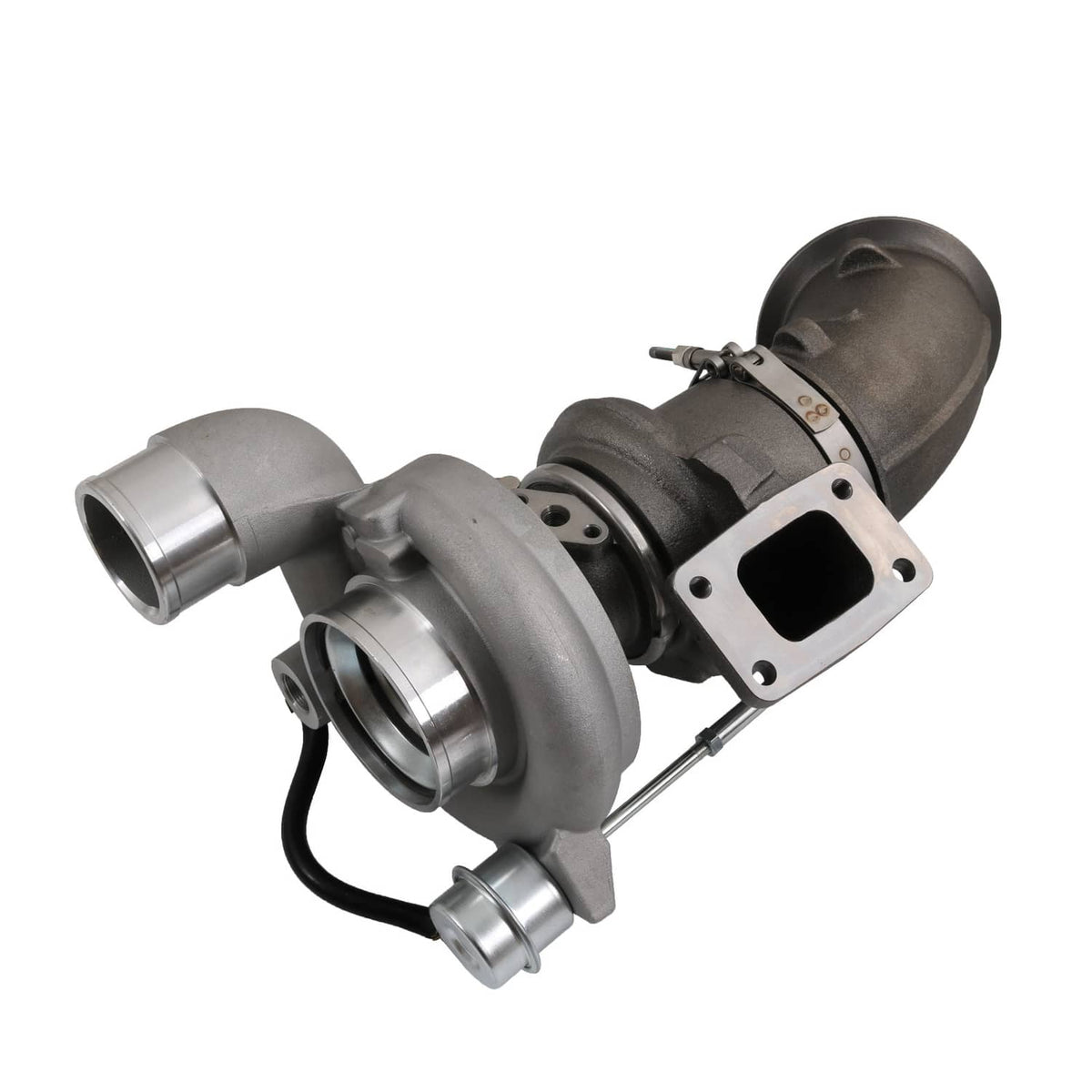 Turbocharger assembly shown at angle with exhaust outlet and intake connections
