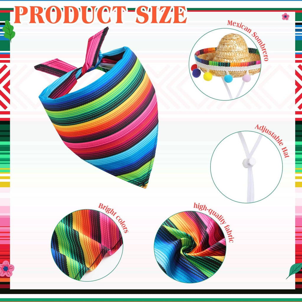 Multicolor striped goose outfit with bow and straw sombrero; hanging neck tie