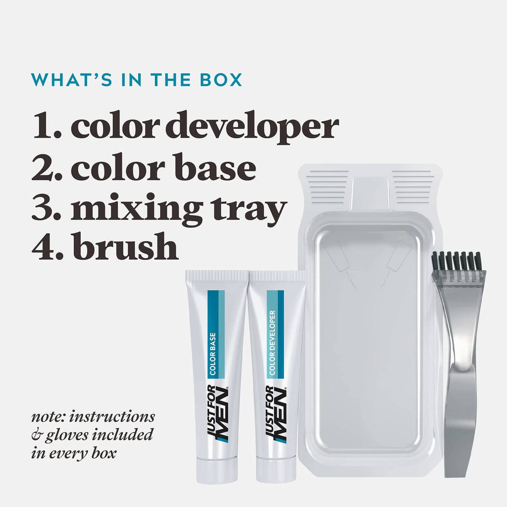 Beard dye kit contents: color developer, color base, mixing tray, and brush.