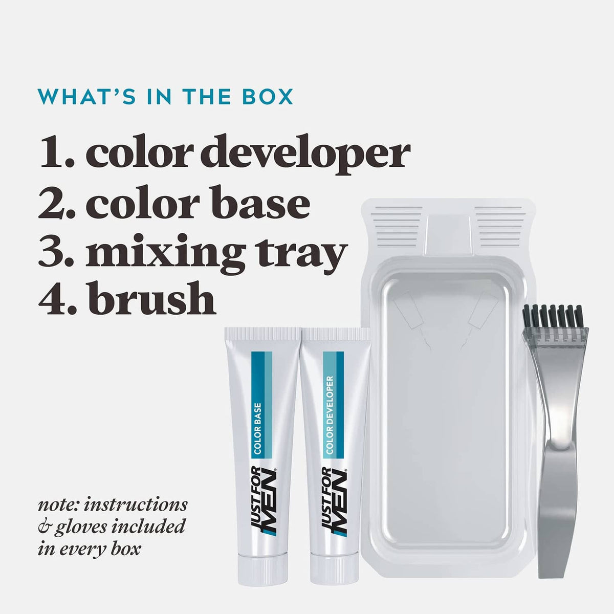 Beard dye kit contents: color developer, color base, mixing tray, and brush.