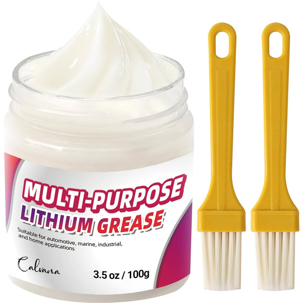 Lithium grease jar with label and two yellow applicator brushes shown together