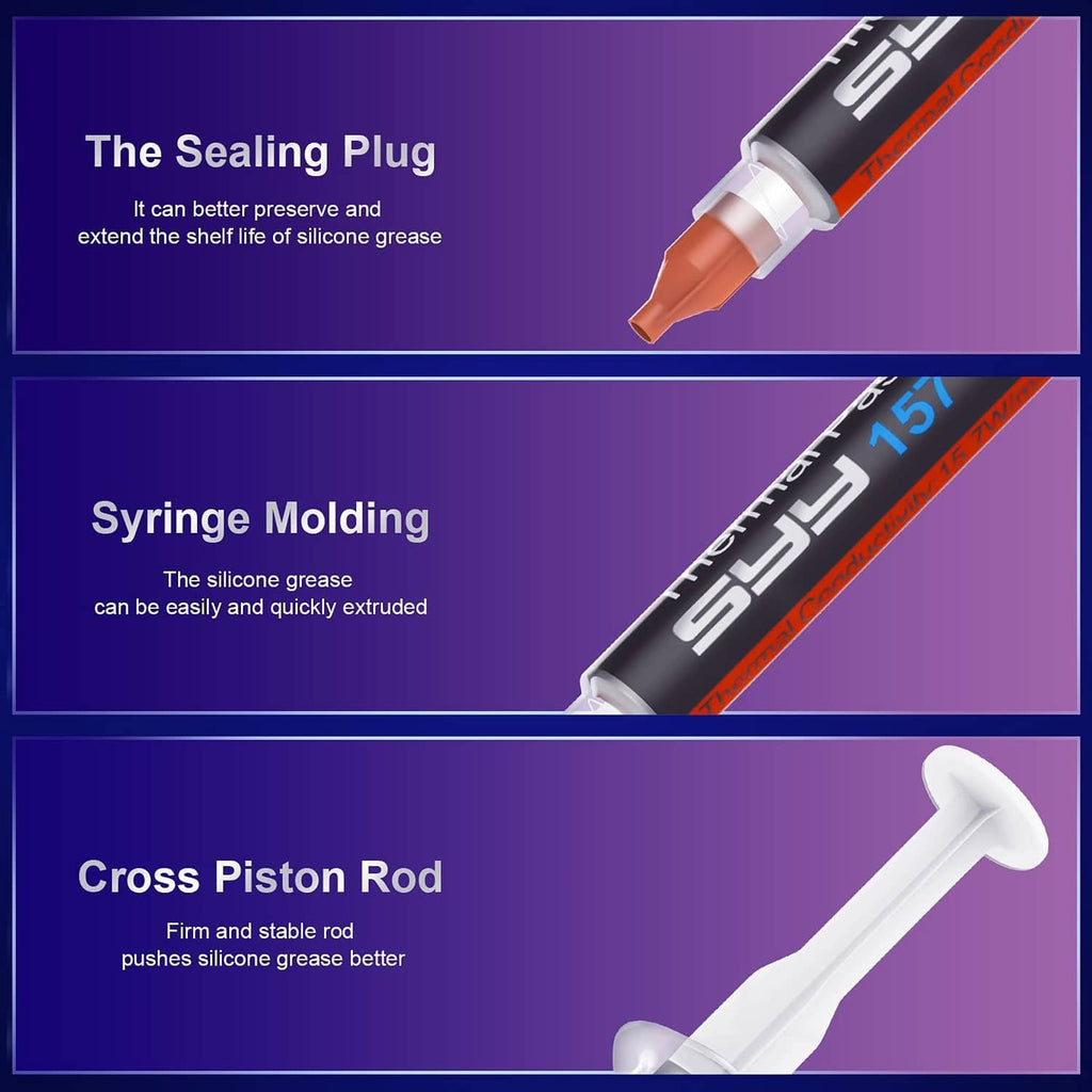 Thermal paste syringe close-up with sealing plug and cross piston rod diagrams