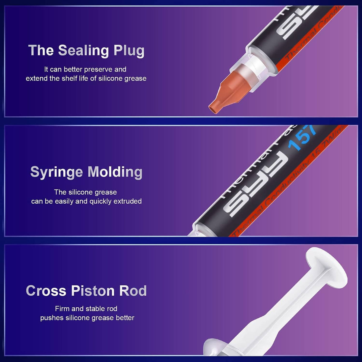 Thermal paste syringe close-up with sealing plug and cross piston rod diagrams