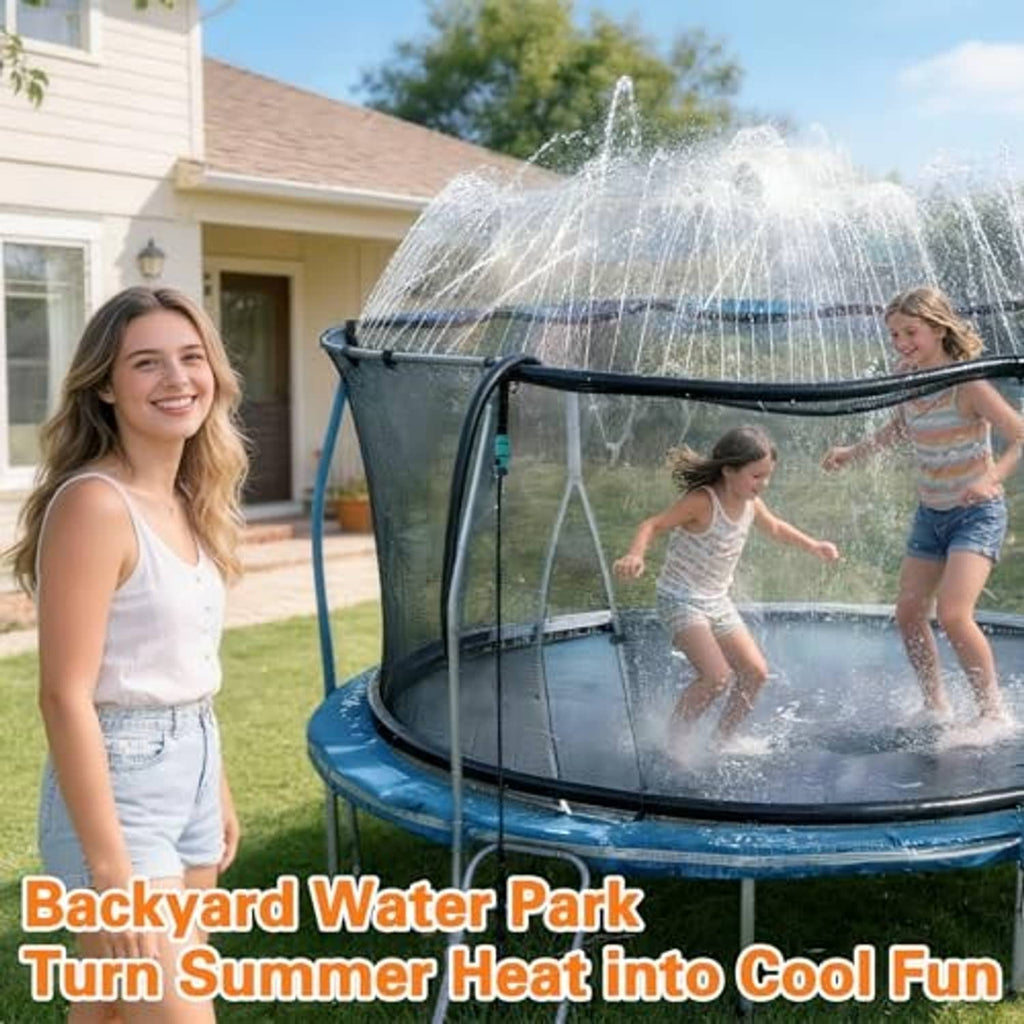 Outdoor trampoline water sprinkler with several high water jets spraying above the mat