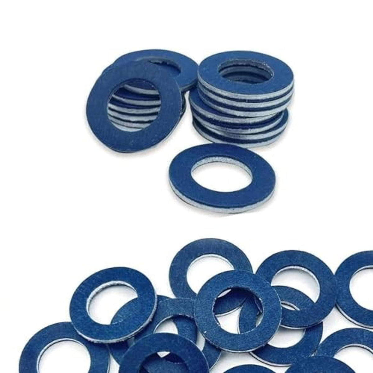 Oil drain plug gasket washers, blue stacked crush washers with center openings