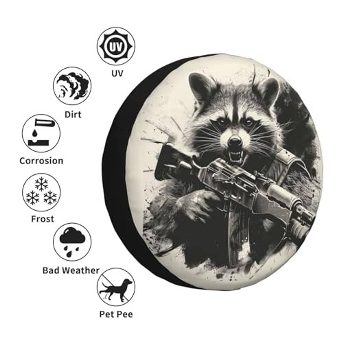 UV and weather protection icons on raccoon spare tire cover