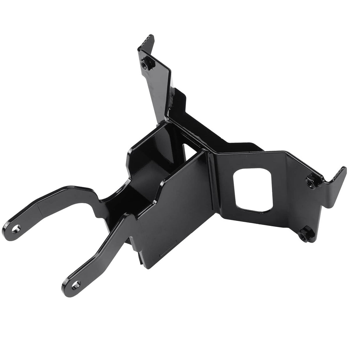 Black windshield bracket assembly with angled arms and mounting slots
