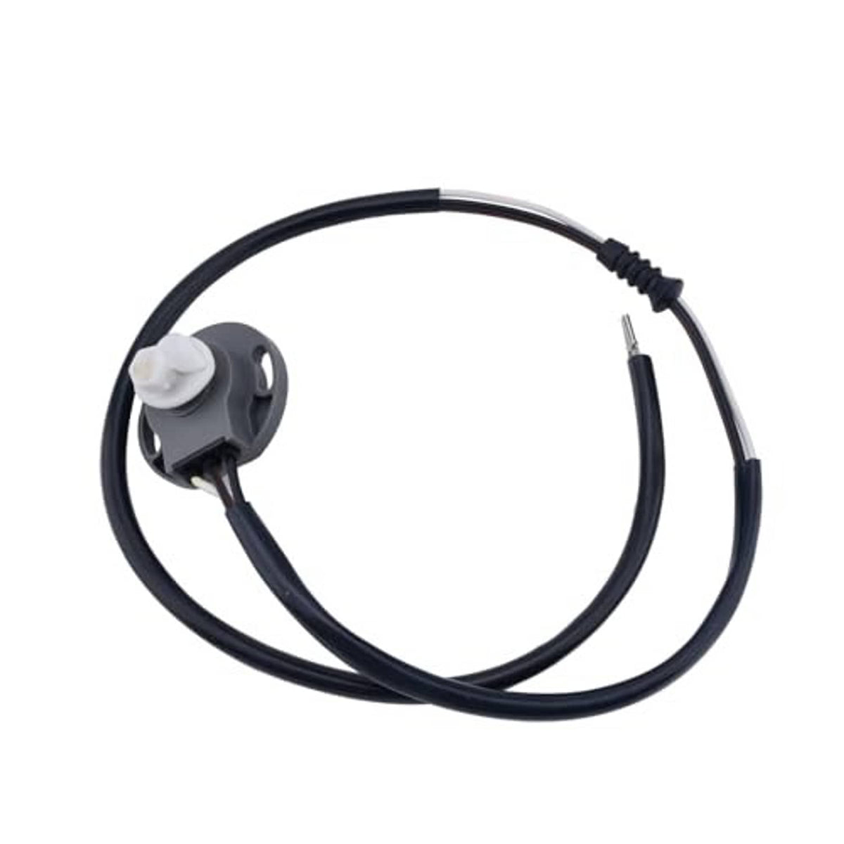 Black cable sensor pigtail with gray mounting clip and metal pin connector