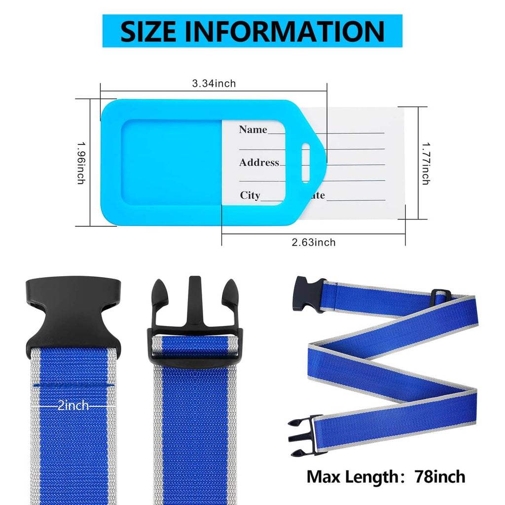 Blue luggage strap set with size diagram and buckle, plus ID tag insert