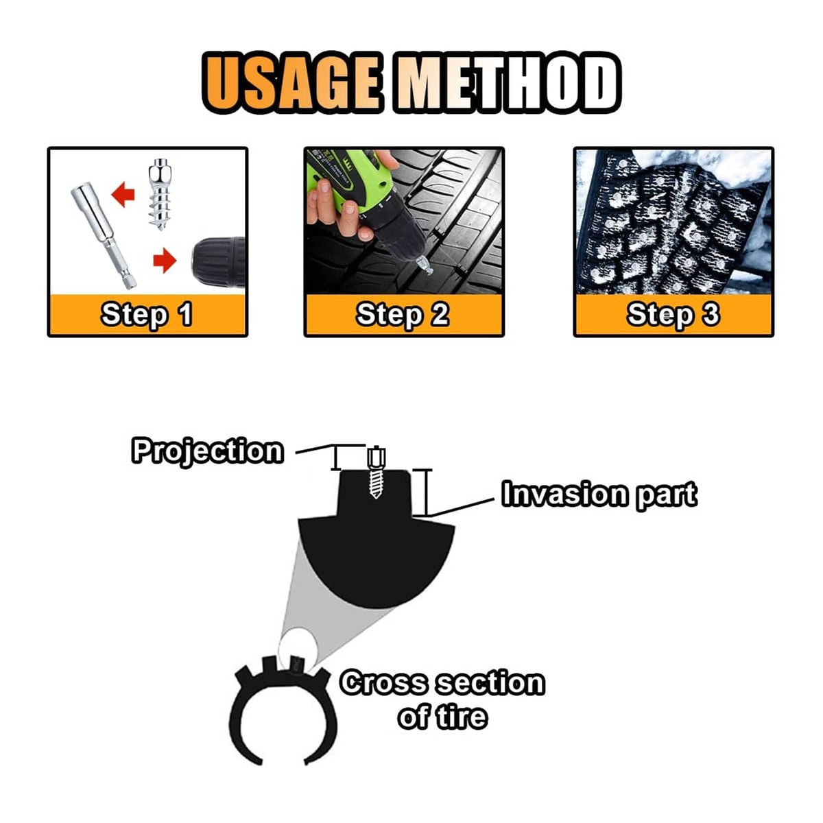 Tire stud screws installation diagram showing insertion into tire tread
