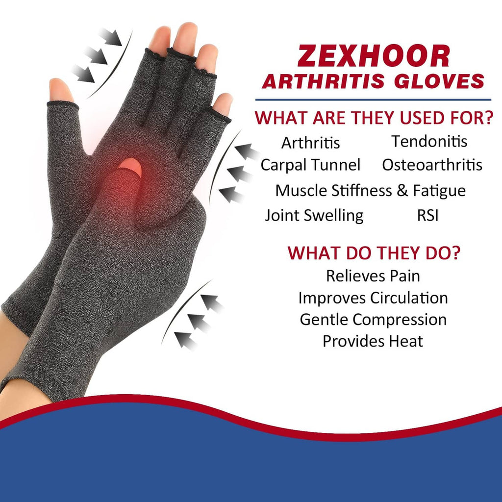 Charcoal gray fingerless arthritis compression gloves on raised hands