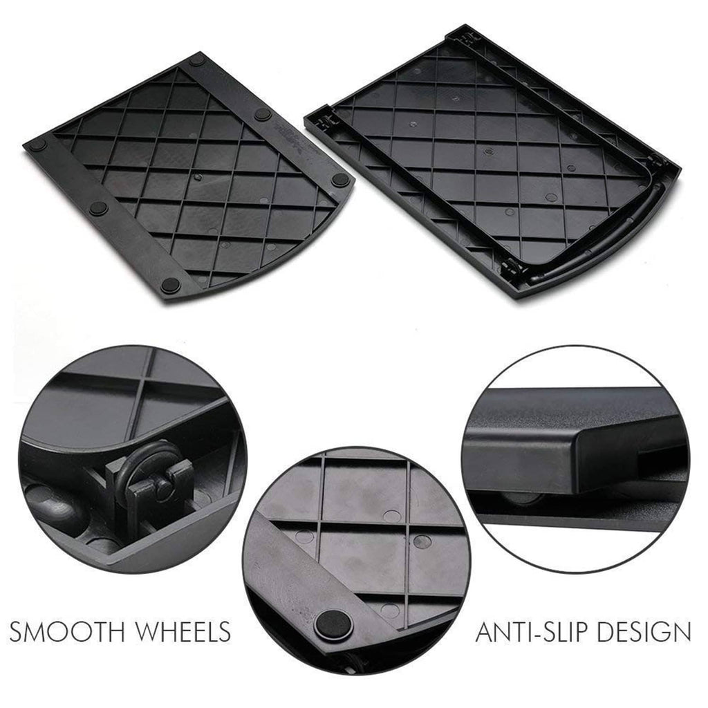 Sliding caddy tray with smooth wheels and anti-slip grid base detail in dark finish