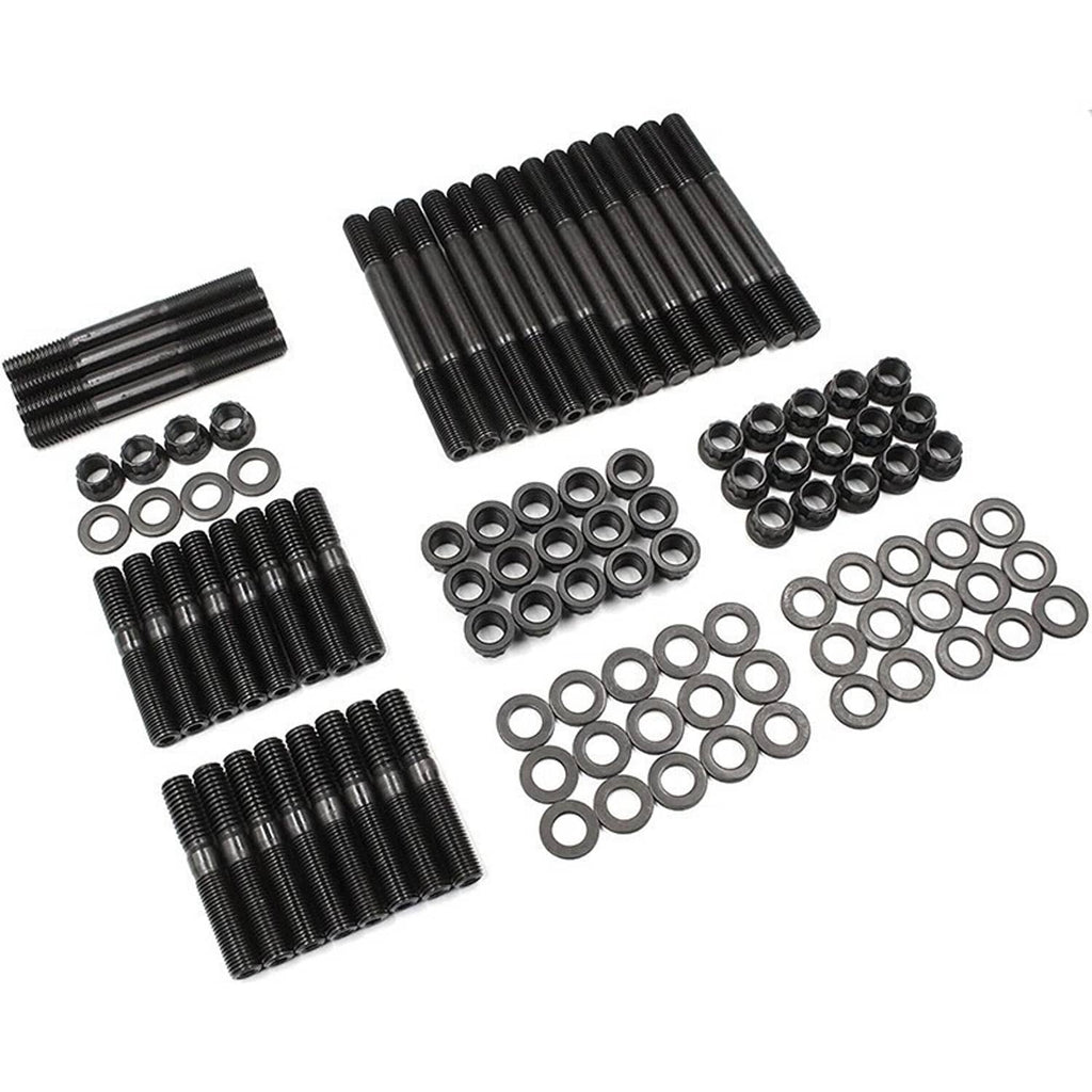 Cylinder head stud kit with bundles of black studs, washers, and 12-point nuts