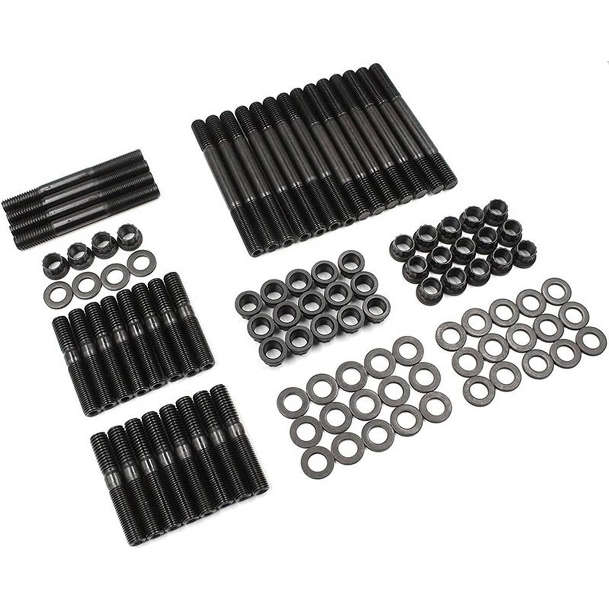 Cylinder head stud kit with bundles of black studs, washers, and 12-point nuts