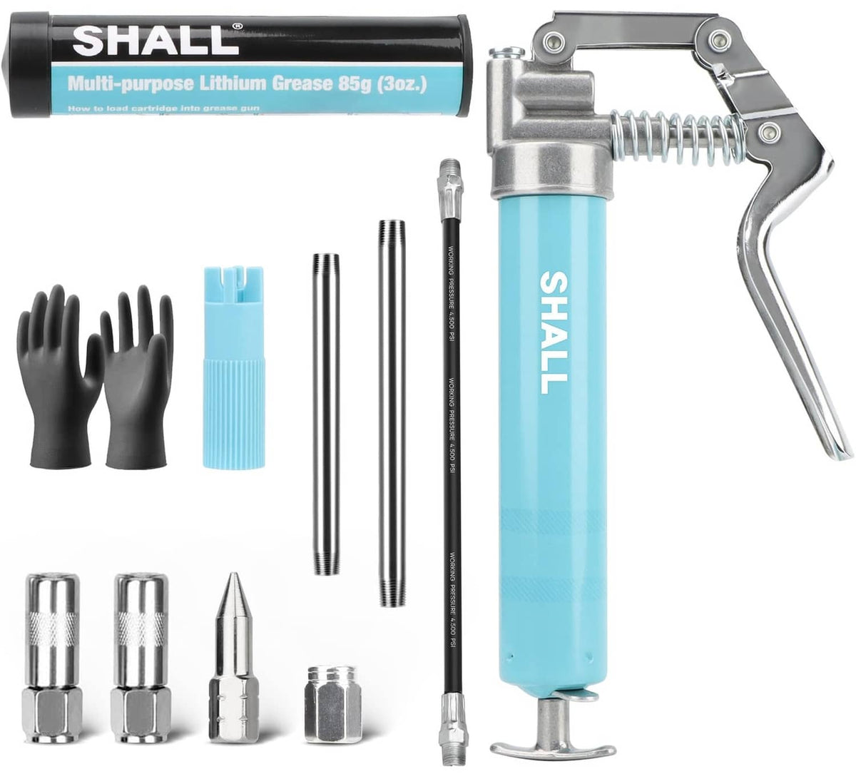 Mini blue grease gun kit with accessories and black gloves