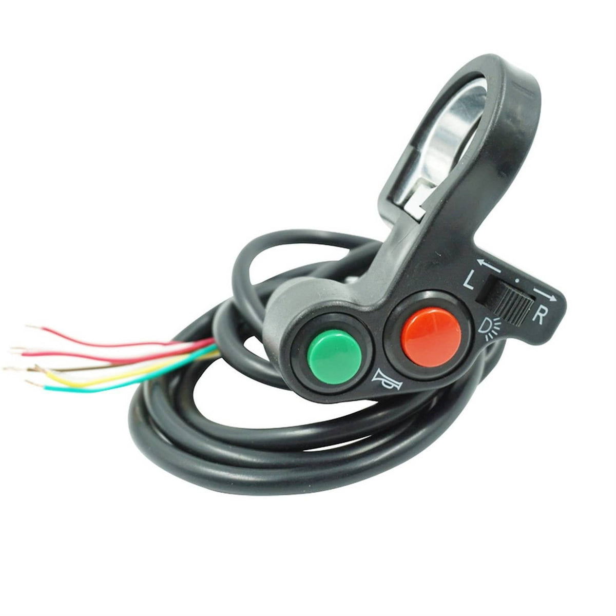 Motorcycle handlebar switch with green and red indicator buttons and black wiring
