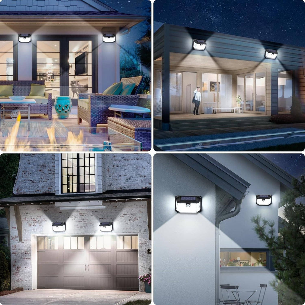 Solar outdoor wall lights installed under a porch and along a garage entry