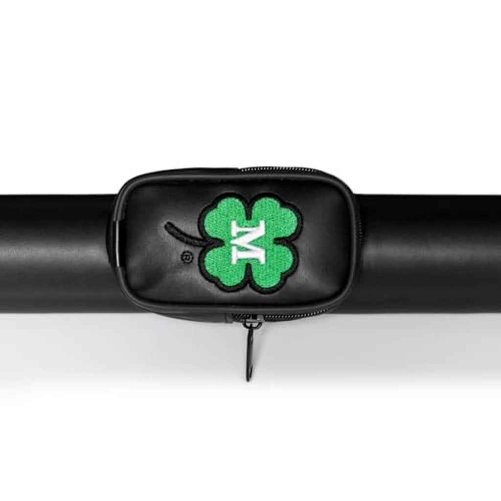 Black oval cue case pouch with green clover logo and zipper