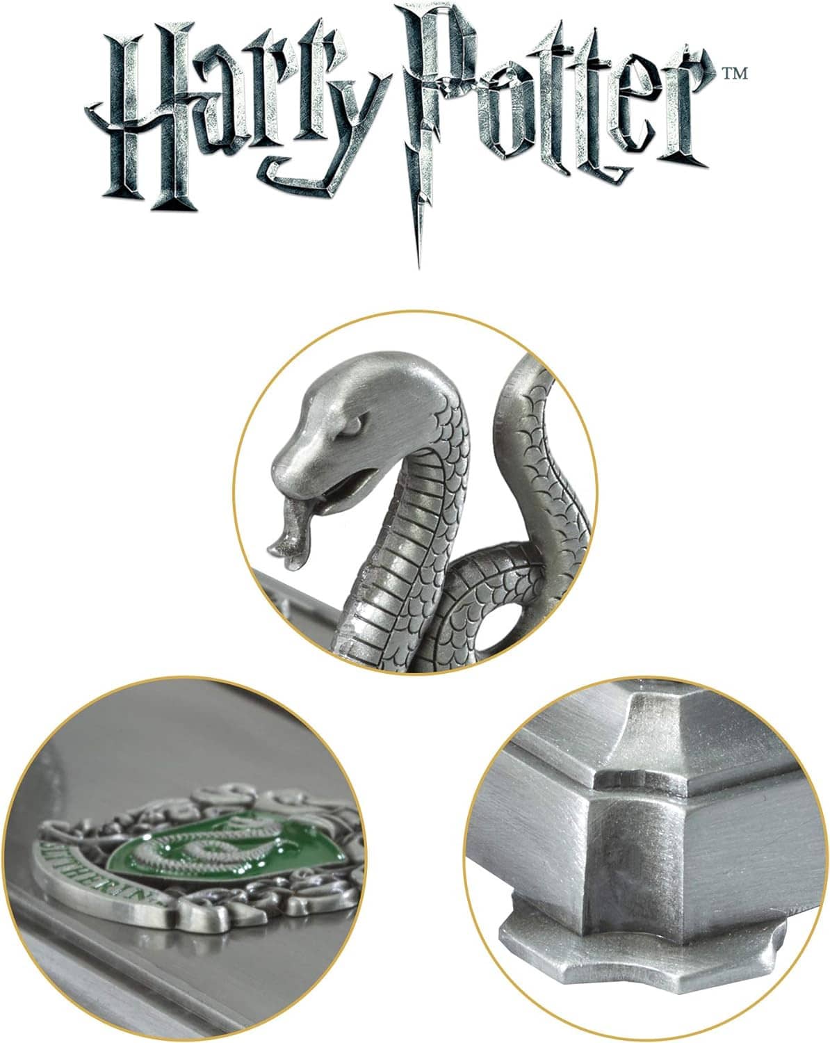 Slytherin wand stand detail collage: silver serpents, green crest, and metal base corner