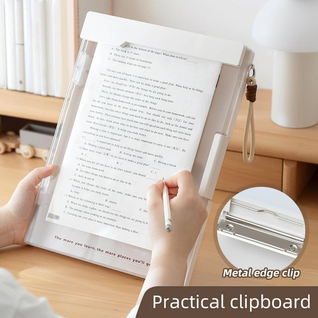 White clipboard holding printed pages with metal edge clip and side handle loop