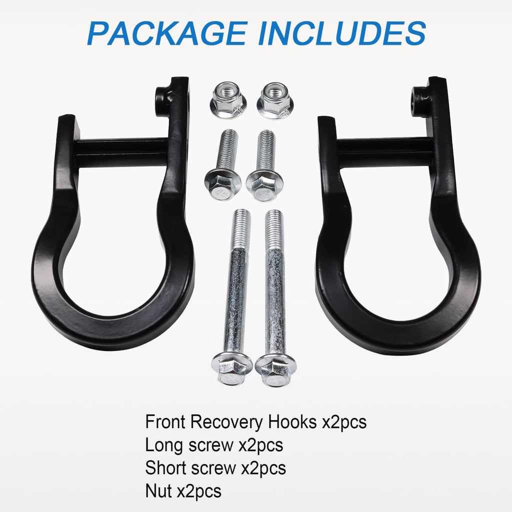 Tow hook kit package contents: two hooks, long/short screws, and nuts