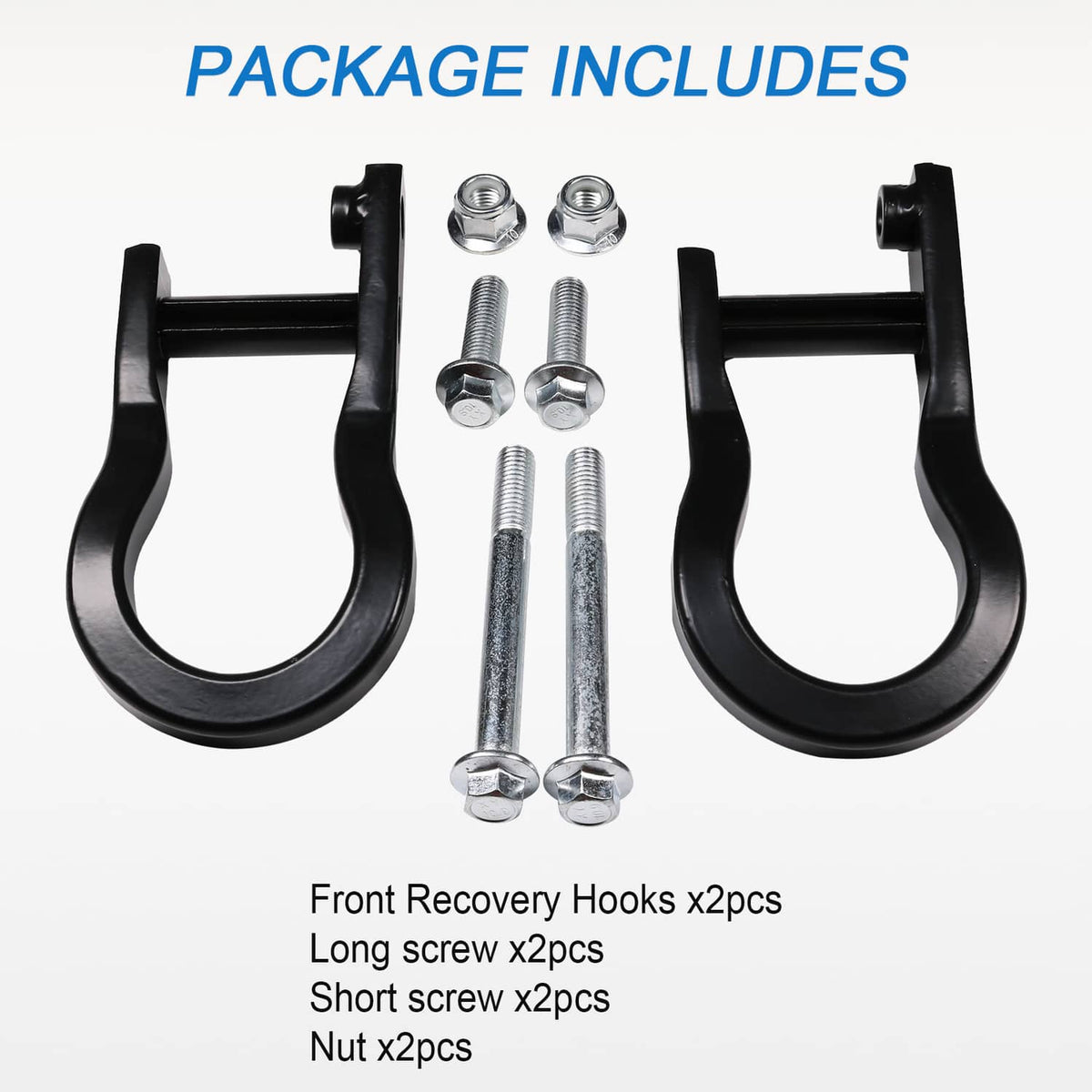 Tow hook kit package contents: two hooks, long/short screws, and nuts