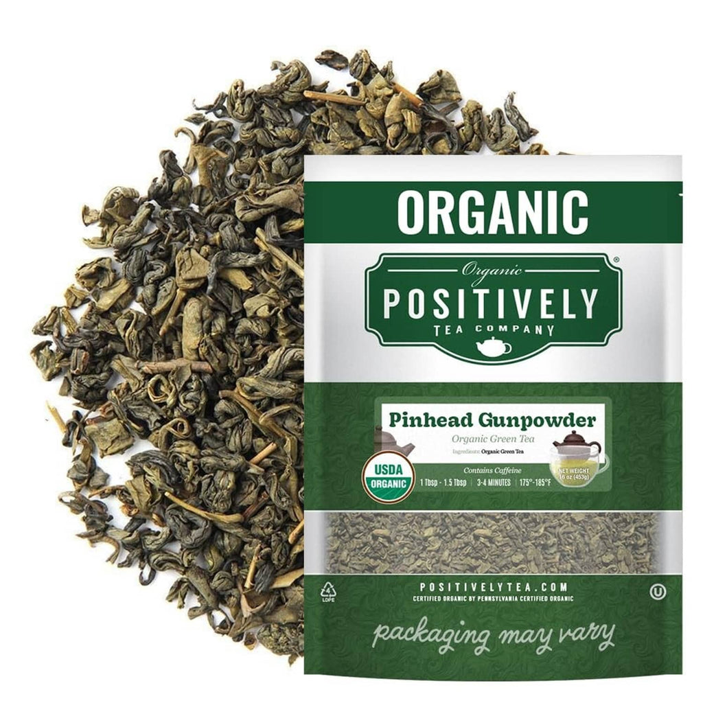 Organic pinhead gunpowder green tea pouch with loose dark green leaves