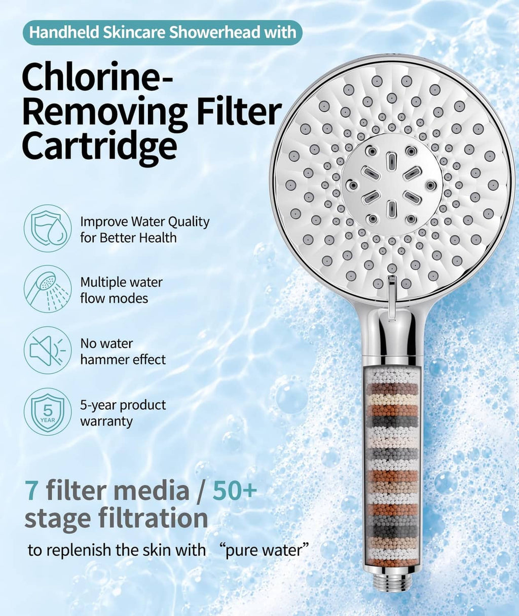 Handheld filtered shower head with round spray face and cylindrical filter cartridge