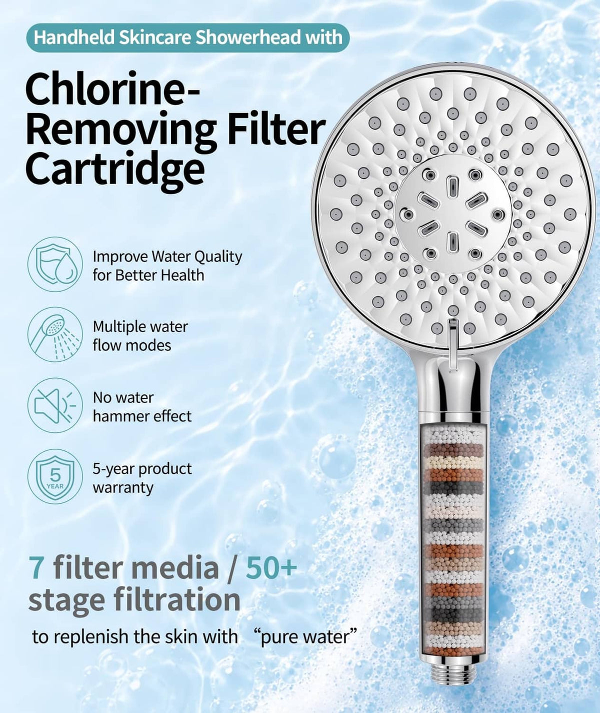 Handheld filtered shower head with round spray face and cylindrical filter cartridge