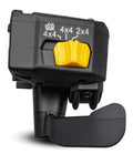Thumb throttle control lever assembly with yellow switch on black housing