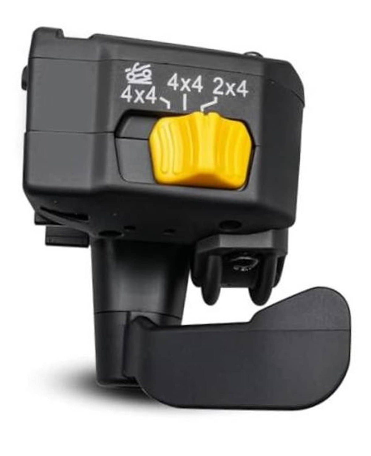 Thumb throttle control lever assembly with yellow switch on black housing