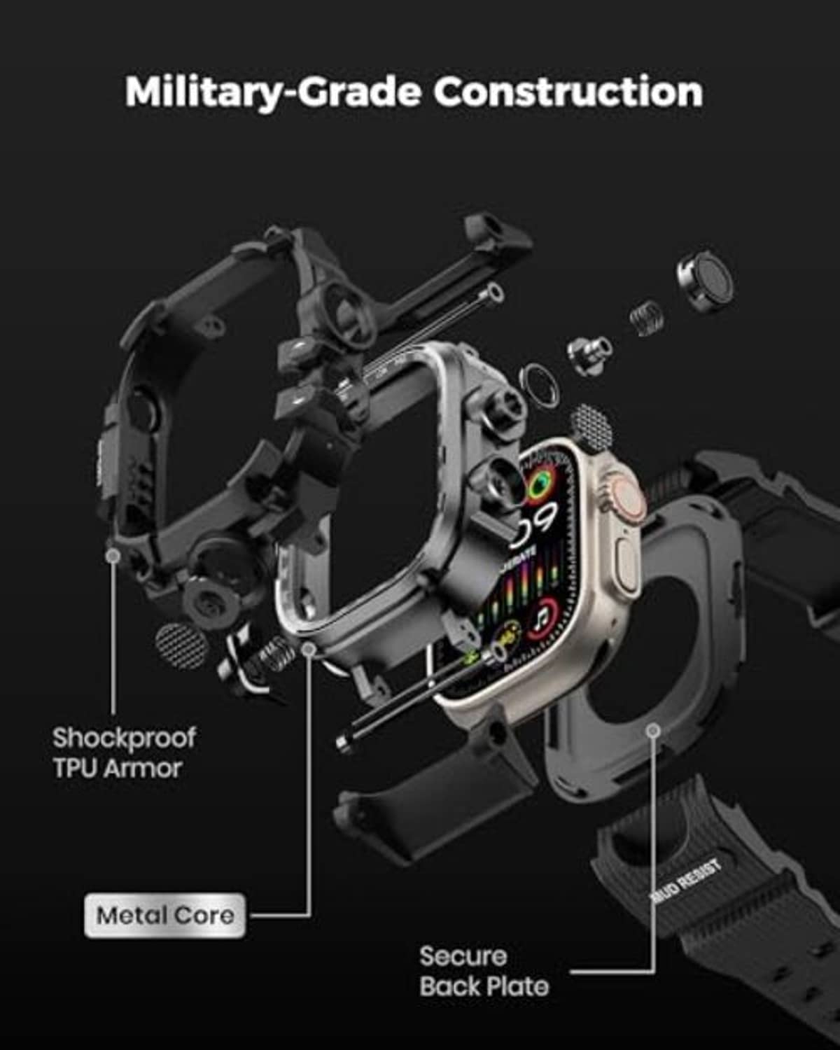 Rugged matte black watch case assembly with metal core and secure back plate