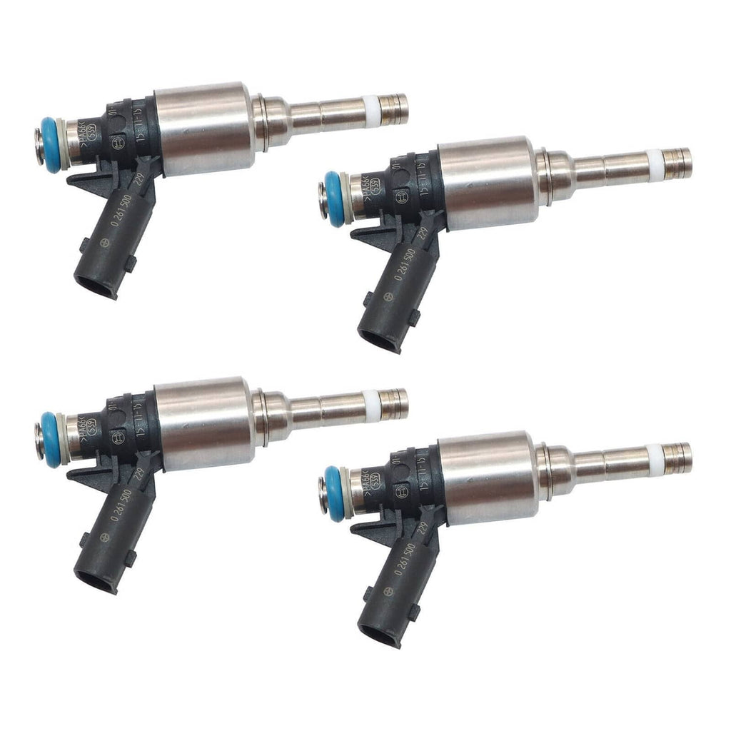 Set of four fuel injectors with black connectors, silver bodies, blue seals