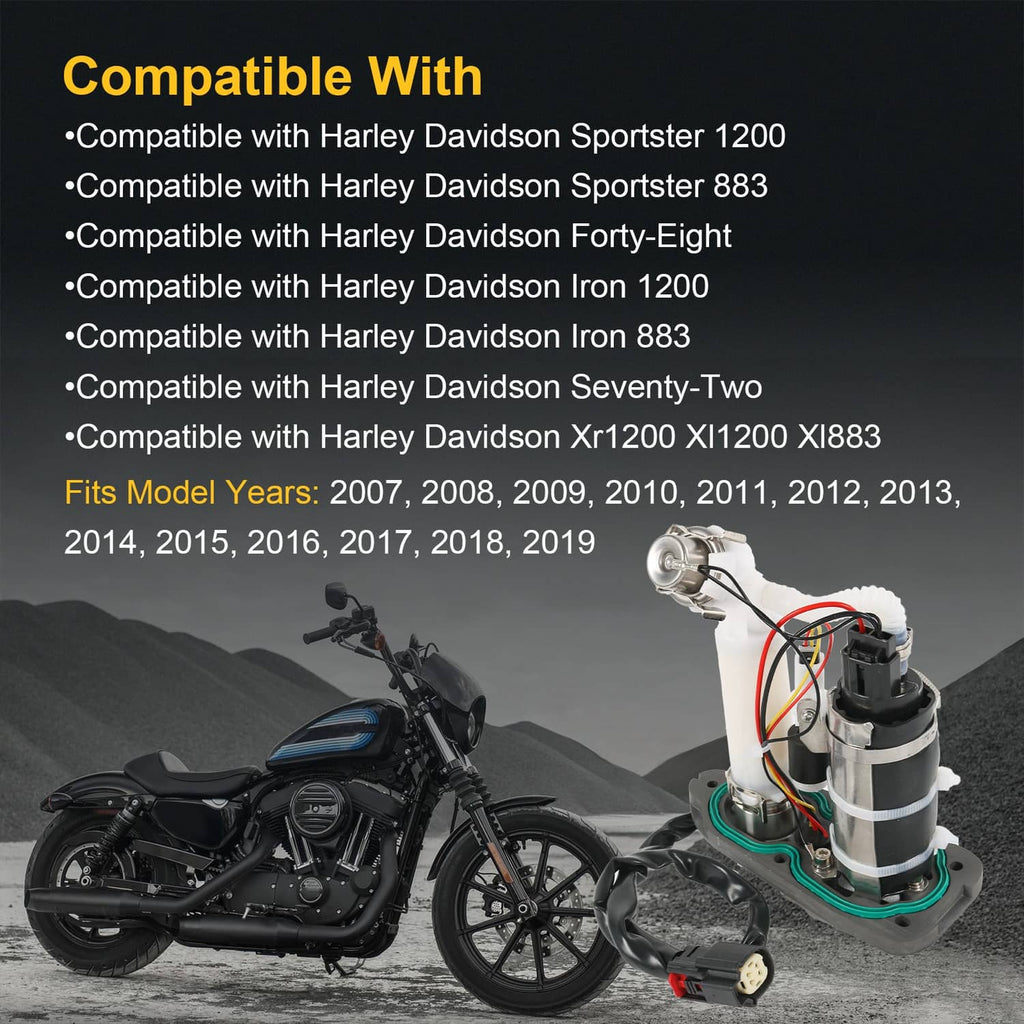 Fuel pump module assembly with white body, metal outlet, wiring harness, and green gasket