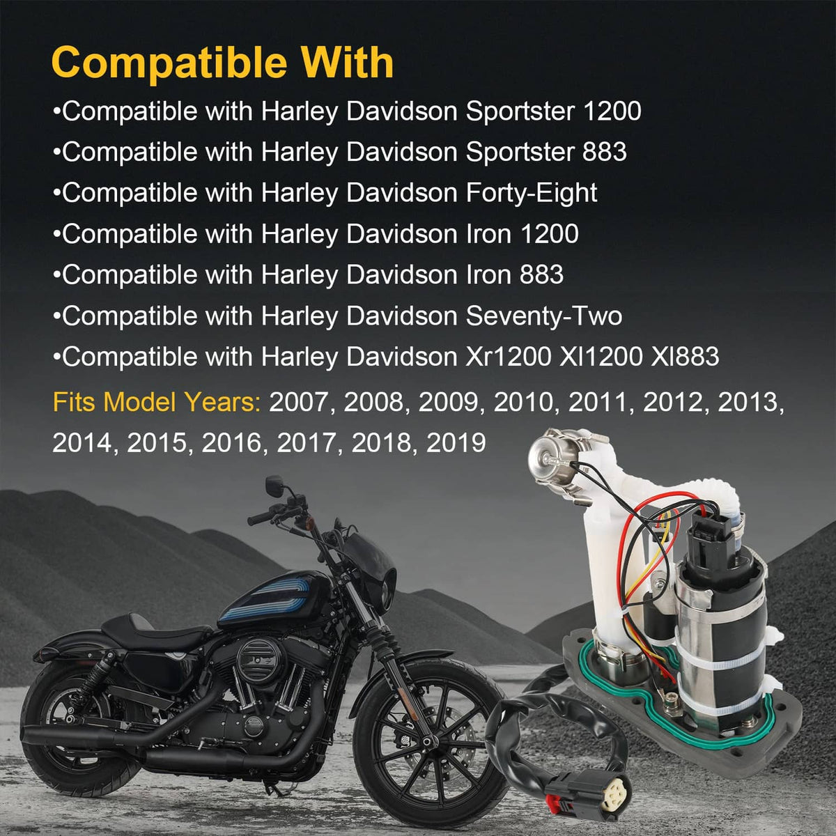 Fuel pump module assembly with white body, metal outlet, wiring harness, and green gasket