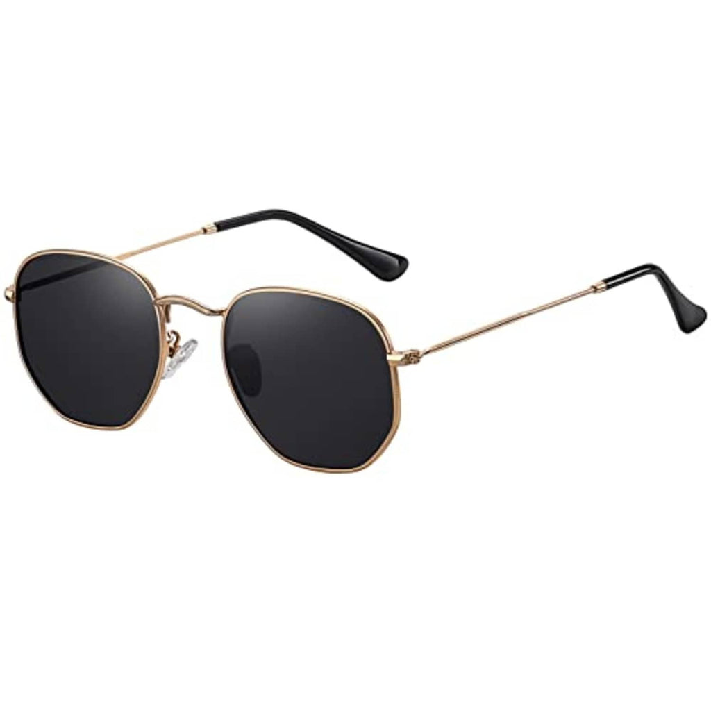 Gold hexagon sunglasses side view with dark lenses and black temple arms