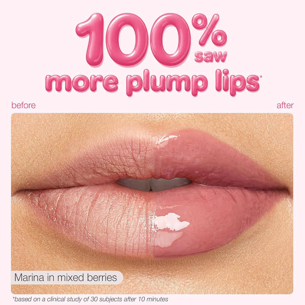 Rosy mauve glossy lip balm on lips with shiny balm application