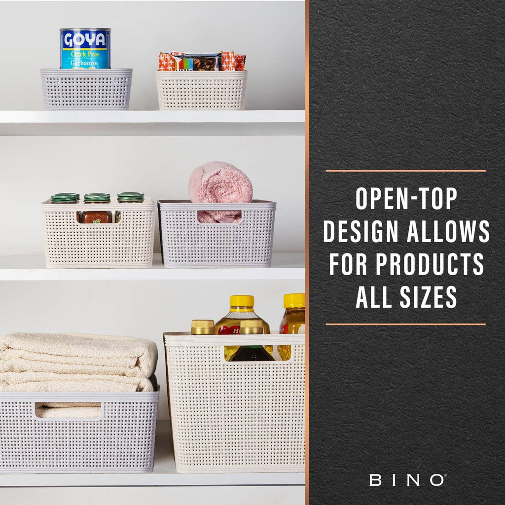 Set of natural grey woven plastic storage baskets with open-top openings, cutout handle fronts