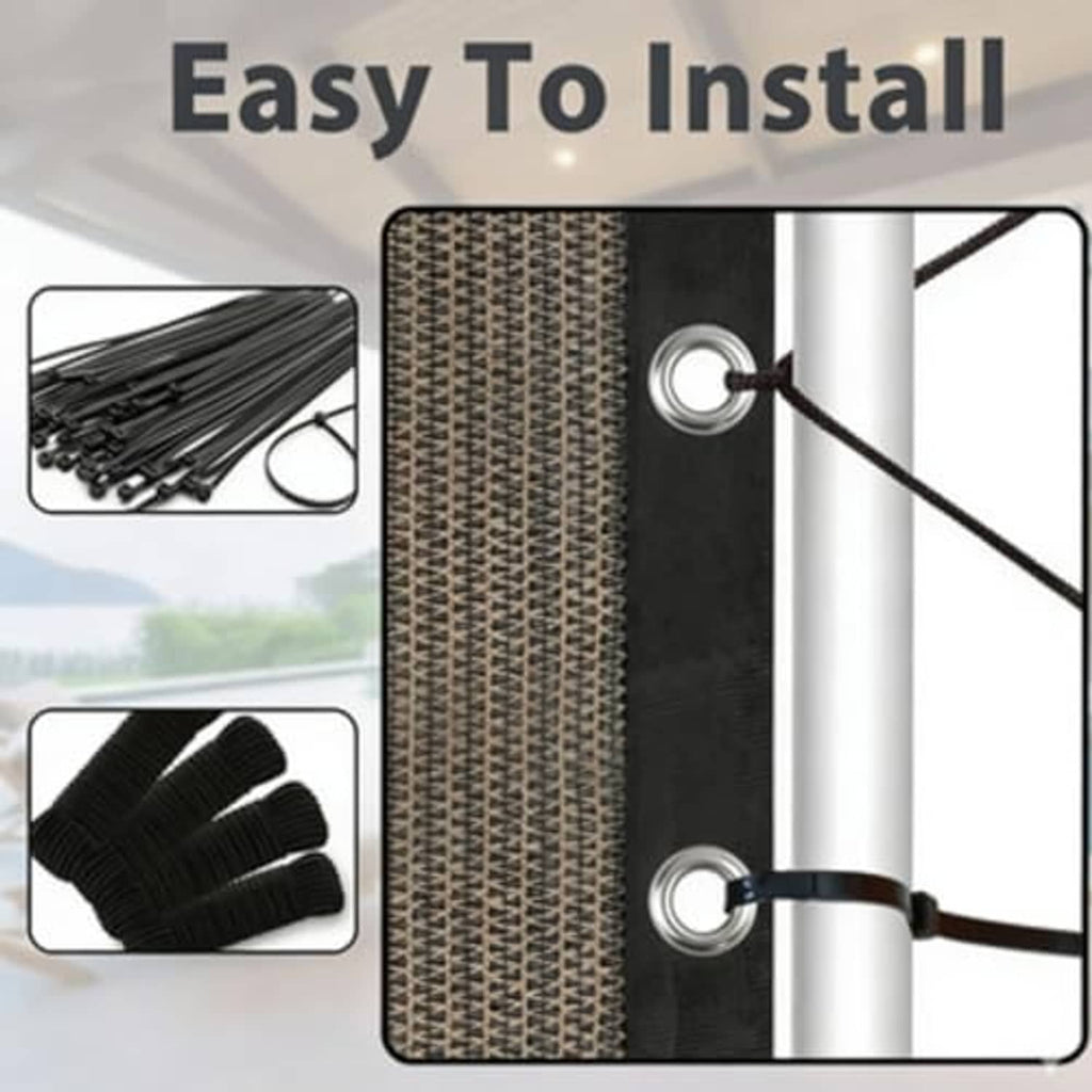 Mocha-brown shade cloth panel installed using grommets and ties on poles