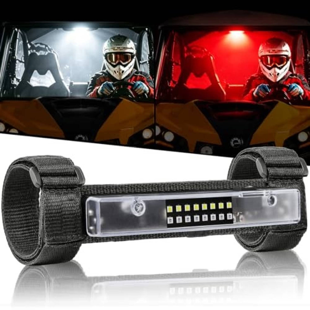 Portable LED light bar with clear lens and black strap mounts for roll bars