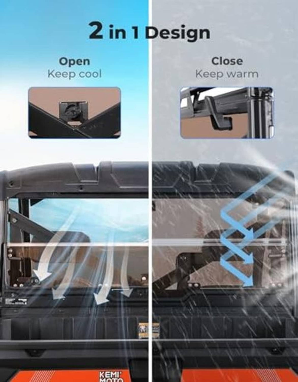 Foldable vented tinted rear window shown in open and closed positions
