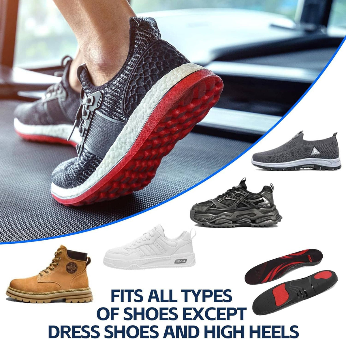 Black cushioned insole in a sneaker, with red textured underside and arch support
