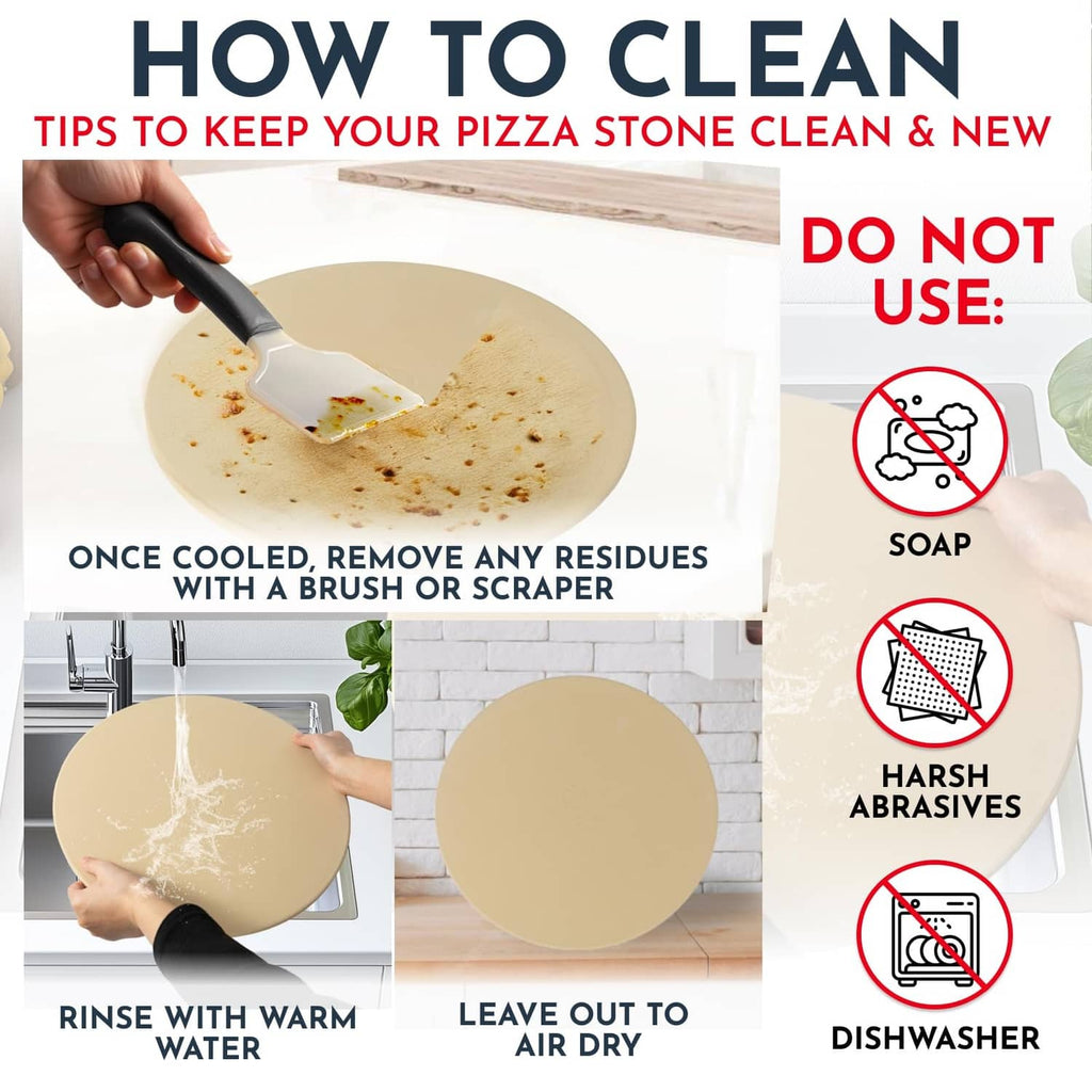Round beige pizza stone being cleaned with sponge and scraper on a counter.