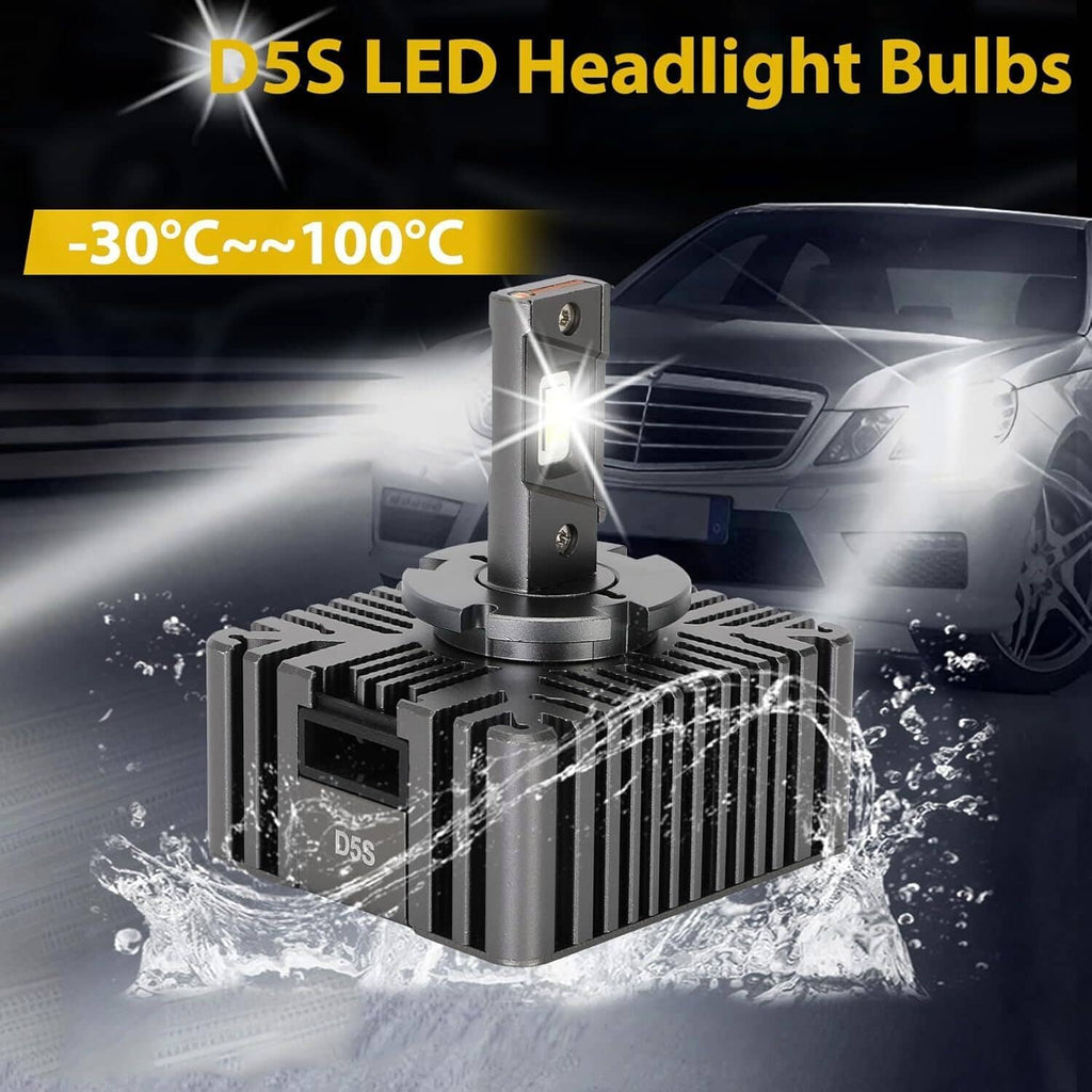 D5S LED headlight bulb with bright LED tip on black aluminum heat sink