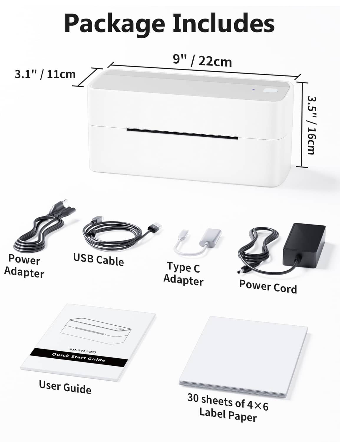 White label printer with included accessories: power adapter, USB cable, label paper