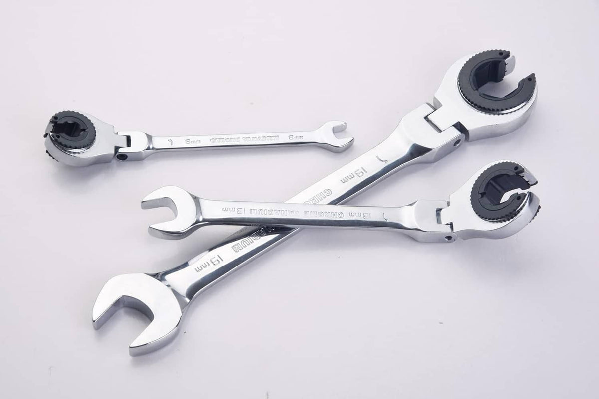 Pair of chrome 9mm flex-head gear wrenches with tube-grip jaws