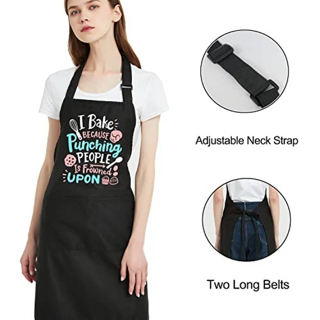 Women's black baking apron with adjustable neck strap and two long waist ties