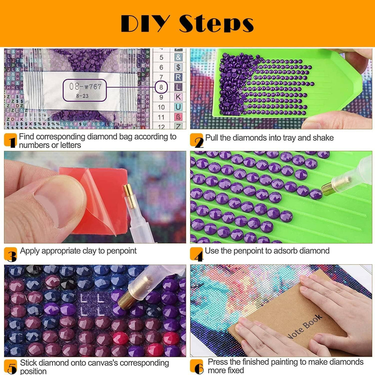 DIY diamond painting kit steps infographic showing diamond placement tools and bead application