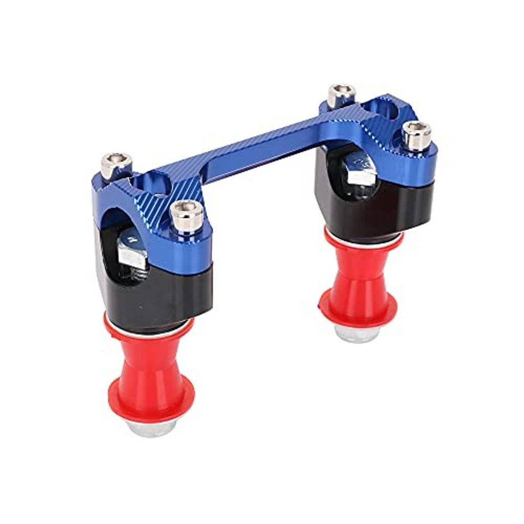 Angled view of blue CNC motorcycle handlebar riser with black clamps and red posts